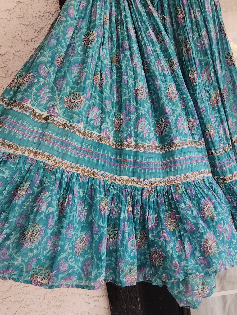 Vintage Guze Boho Teal Floral Maxi Skirt with Drawstring Waist - Picture 4 of 7